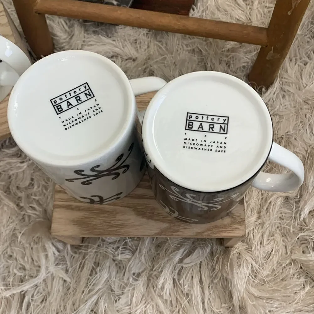 Vintage Pottery Barn Fez Pattern Black and‎ White Swirl Coffee Cups Set Of 6